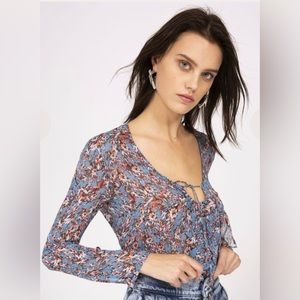 IRO GOSH BLUE BEIGE RUST SEMI-SHEER TOP 40 US/8 * Peasant Floral Blouse NWT